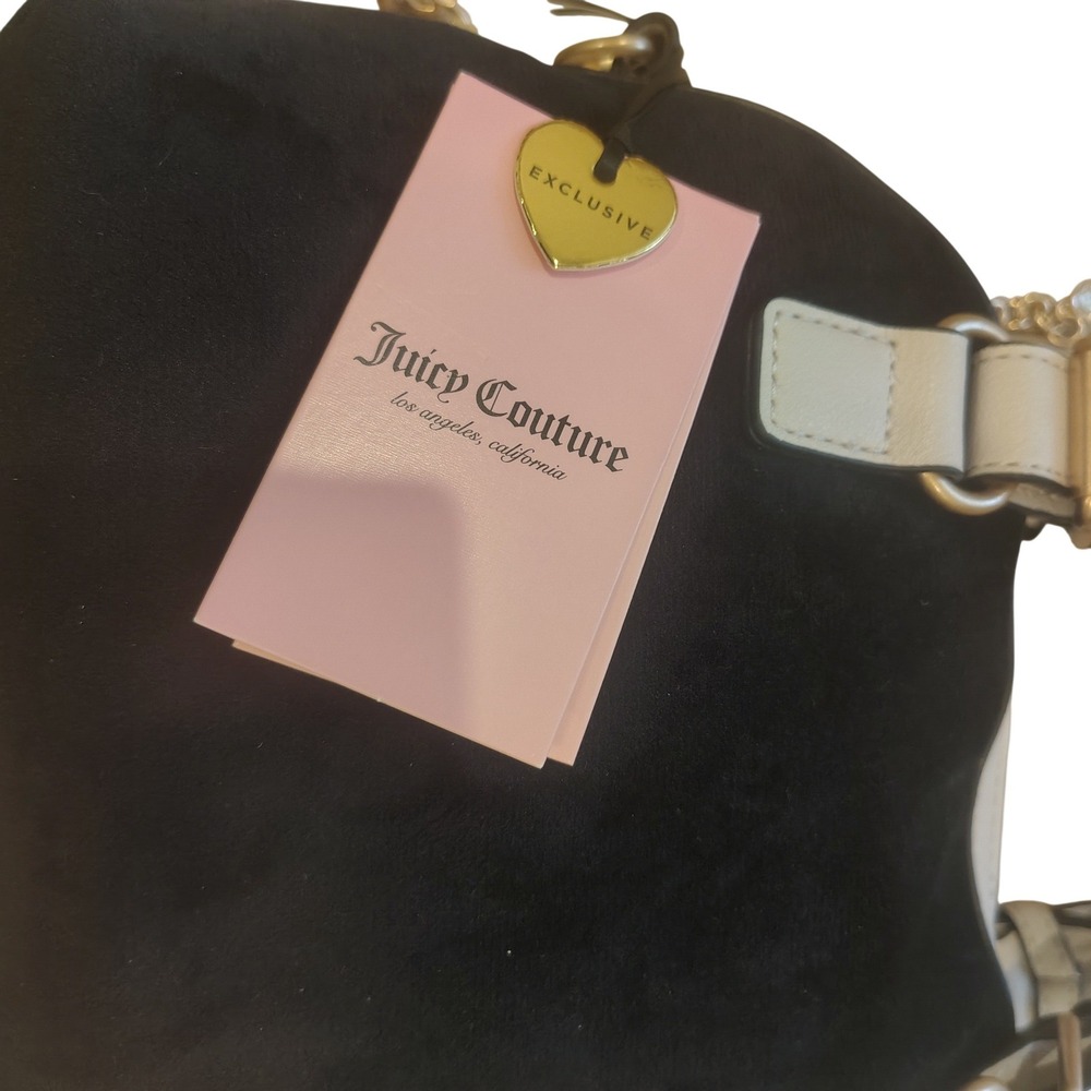 Juicy Couture Black Velour Satchel Bag White‎ Trim Gold Crown Logo Crossbody NEW - Picture 4 of 7